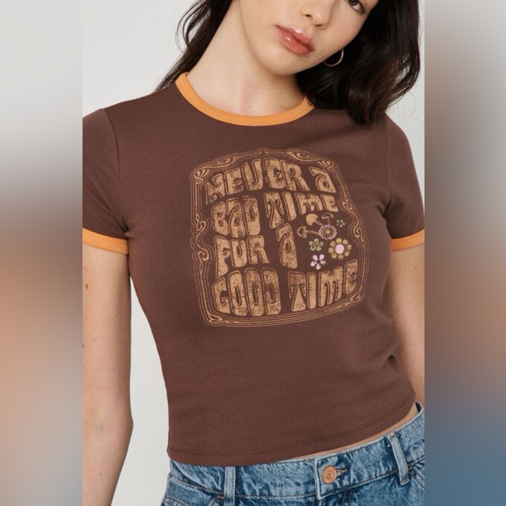 Brown garage graphic baby tee, size small.